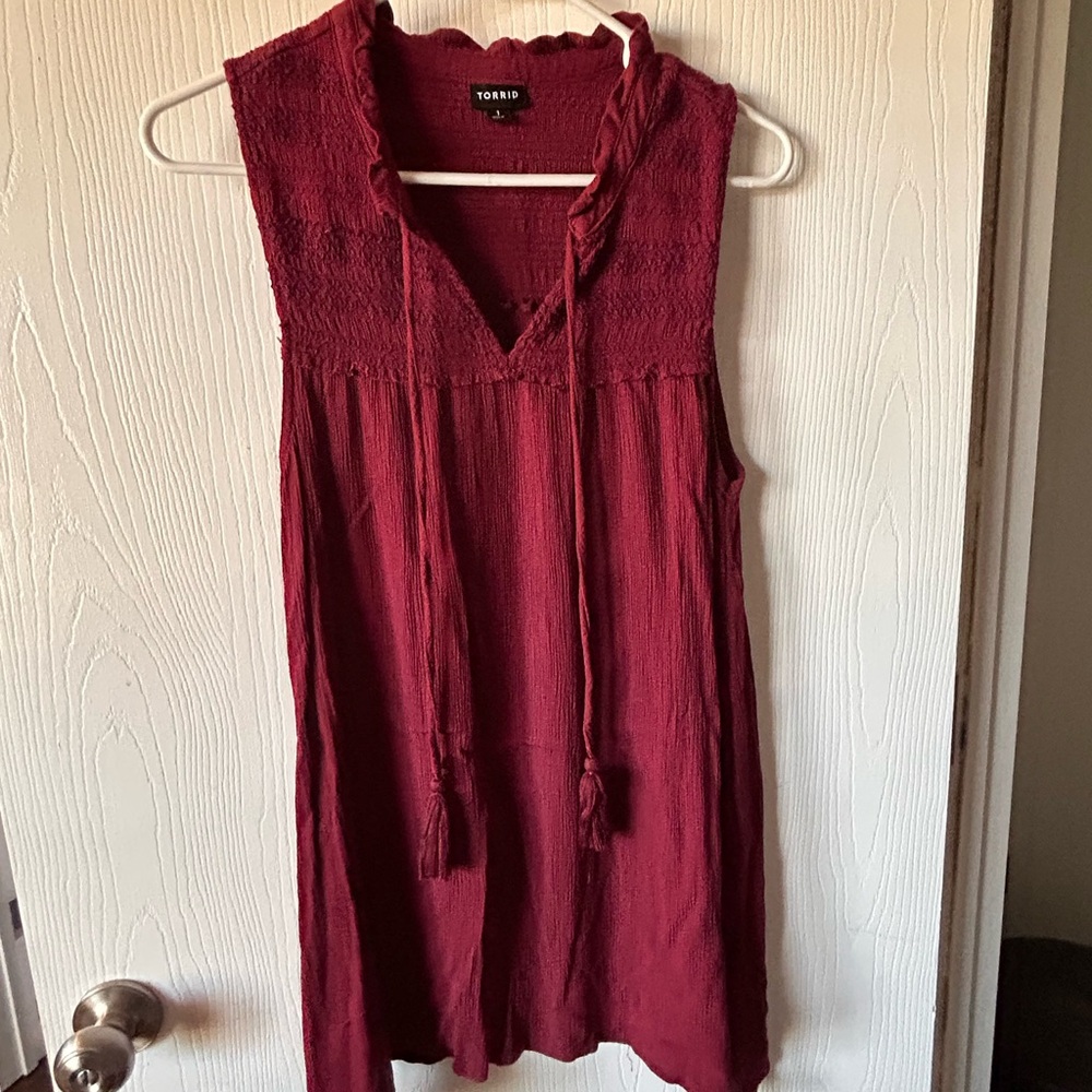torrid Burgundy Sleeveless Tassel V-Neck Tunic